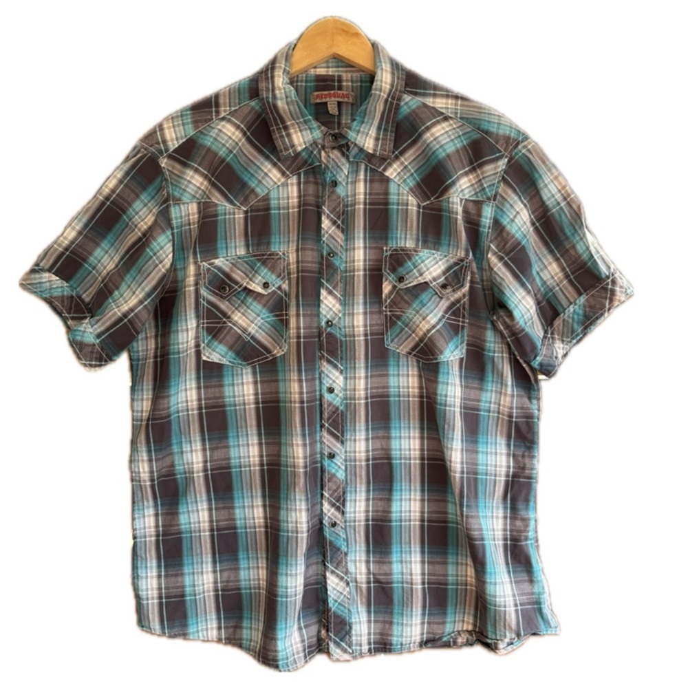 Redsquad Men’s Aqua Gray Plaid Snap Button Up Short Sleeve Shirt Extra Large